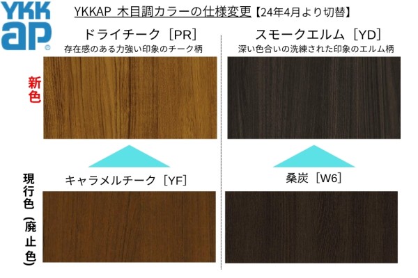 YKKAP木目調カラーの一部を26年4月より変更（フェンスやカーポートに影響）