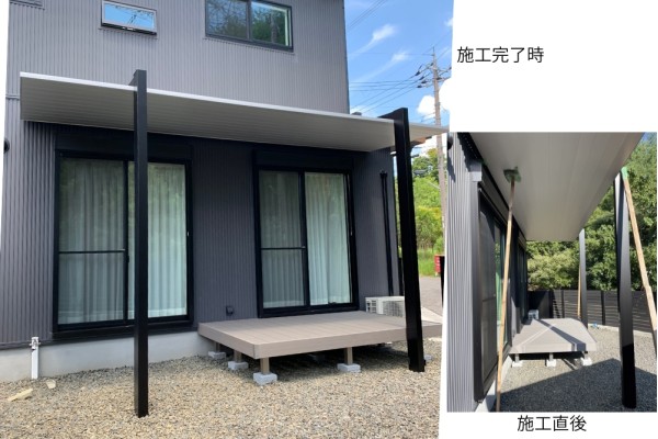 これからの季節におすすめ。家族でお庭時間を楽しむウッドデッキと屋根の施工をご紹介。