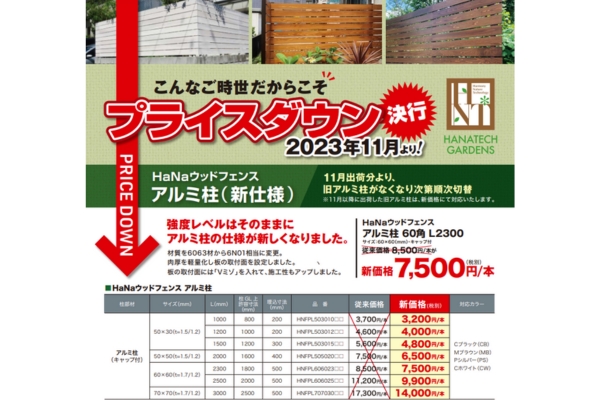 HaNaウッドフェンス アルミ柱が、新仕様でプライスダウン！