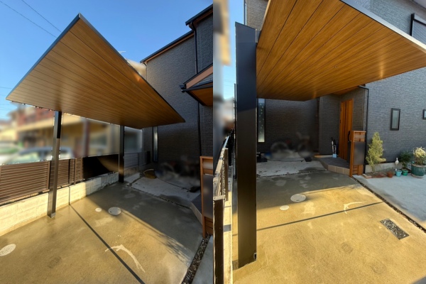 施工事例｜屋根材サンプルの持参で、機能門柱やドアと調和する木目調を一緒に選びました！