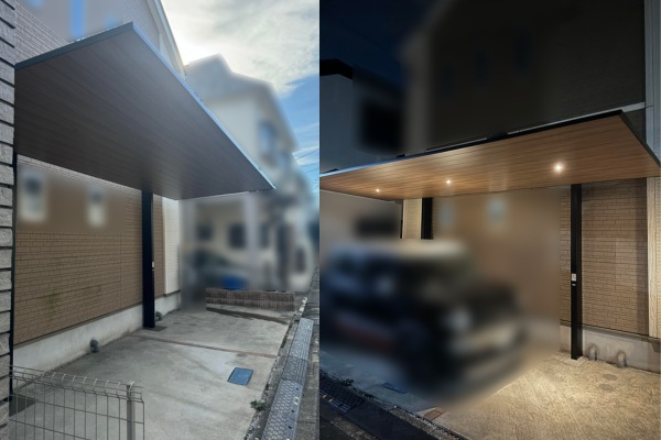 施工事例｜木調屋根と家の外壁、夜間のダウンライト。最高の空間になりました！