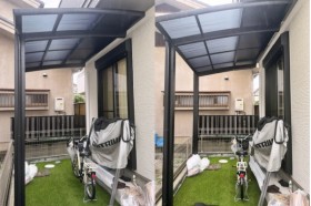 施工事例｜LIXIL｜サイクルポートのネスカRミニをお庭の独立したテラス屋根として設置！