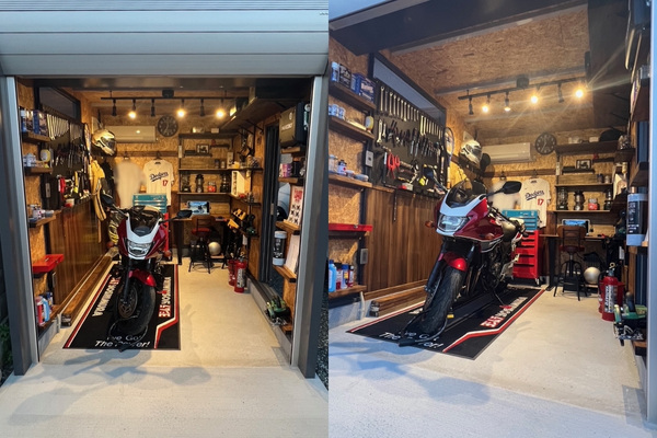 施工事例｜バイクガレージがお客様のアレンジで最高の秘密基地に変身！鉄馬も喜ぶ厩舎に！