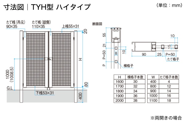 三協アルミ 形材門扉 レジリア TY型 マス格子 門柱タイプ 両開き/親子開き/片開き 高尺・ハイタイプ対応