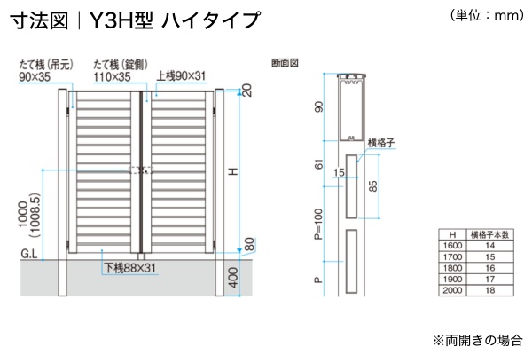 三協アルミ 形材門扉 レジリア Y3型 横板格子 T3型 たて板格子 門柱タイプ 両開き/親子開き/片開き 高尺・ハイタイプ対応