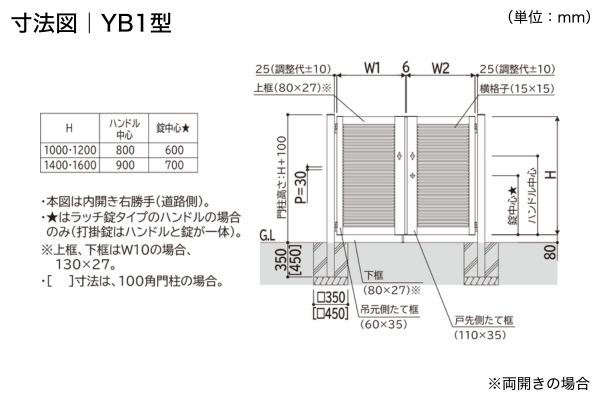 YKKAP シンプレオ 門扉 YB1型 YB2型 横格子 門柱式 両開き/親子開き/片開き