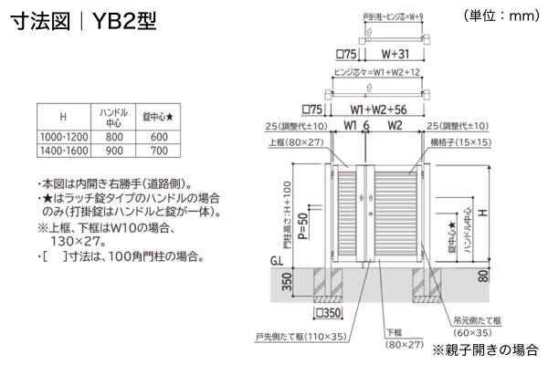 YKKAP シンプレオ 門扉 YB1型 YB2型 横格子 門柱式 両開き/親子開き/片開き