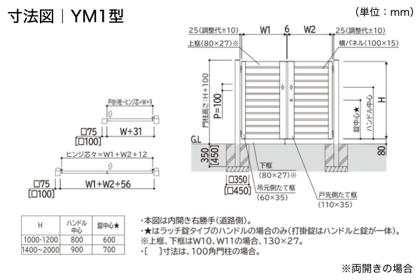 YKKAP シンプレオ 門扉 YM1型 横目隠し 門柱式 両開き/親子開き/片開き