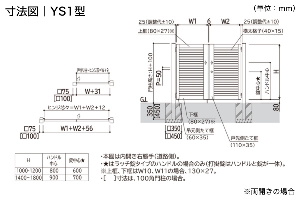 YKKAP シンプレオ 門扉 YS1型 YS2型 横スリット 門柱式 両開き/親子開き/片開き