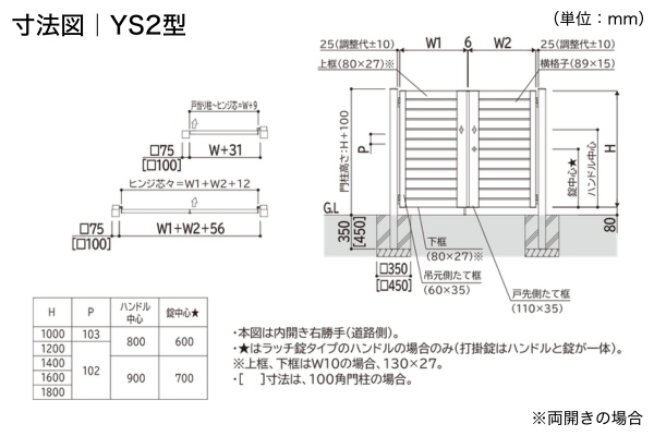 YKKAP シンプレオ 門扉 YS1型 YS2型 横スリット 門柱式 両開き/親子開き/片開き