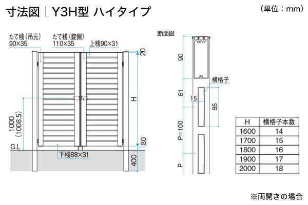 三協アルミ 形材門扉 シャトレナⅡ Y3型 横板格子 門柱タイプ 両開き/親子開き/片開き 高尺・ハイタイプ対応
