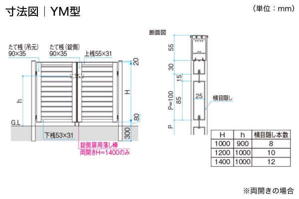 三協アルミ 形材門扉 シャトレナⅡ YM型 横目隠し 門柱タイプ 両開き/親子開き/片開き 高尺・ハイタイプ対応