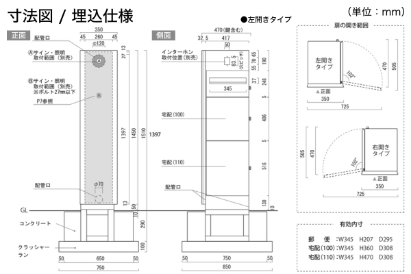 UNISON ユニットウォール Mies ミース 埋込仕様/アンカー仕様 郵便ポスト・宅配ボックス付｜機能門柱