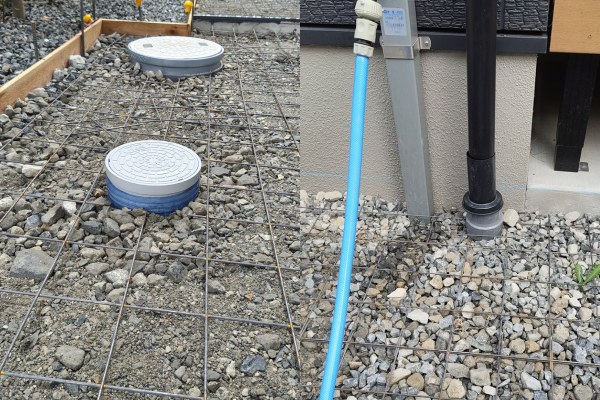 施工中｜立水栓と雨樋部分の処理